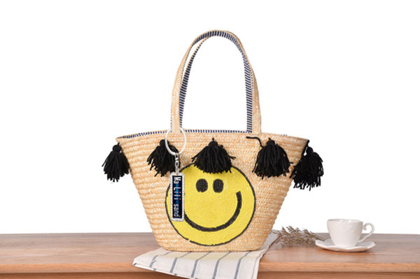 Wholesale 2018 Anti-Lost Small Fresh Wool Tassel One Shoulder Straw Bag Fashion Sequin Smiley Holiday Beach Woven Bag