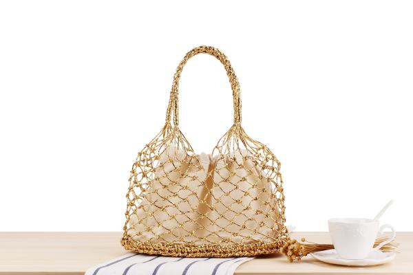 New solid color gold and silver thread hand hook woven bag tide female Sen portable straw bag beach bag