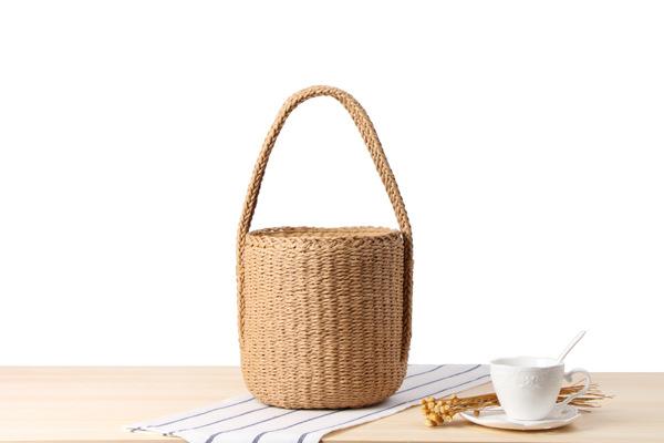 Double handle paper rope woven bag solid color cylinder handkerchief straw bag retro holiday bucket beach bag