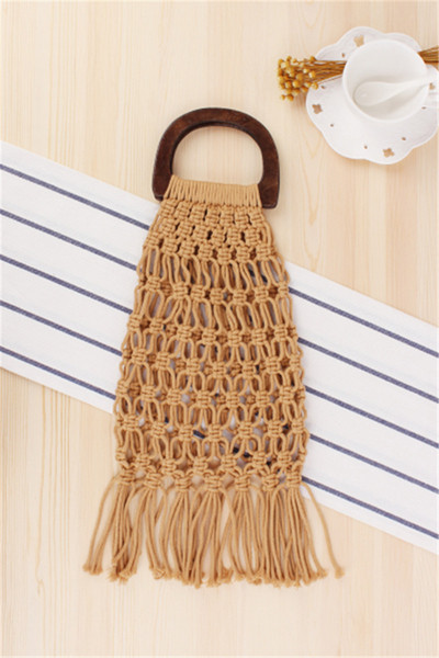 New wooden handle, hand net, straw, cotton rope, hand-woven beach bag