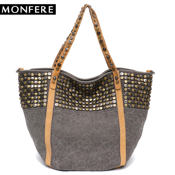 MONFERE Studs Causal Beach Tote Bag Holiday Canvas Mixed Color Rivets Bucket Bag Women Shoulder Bags Bohemian Girl Messenger Bag