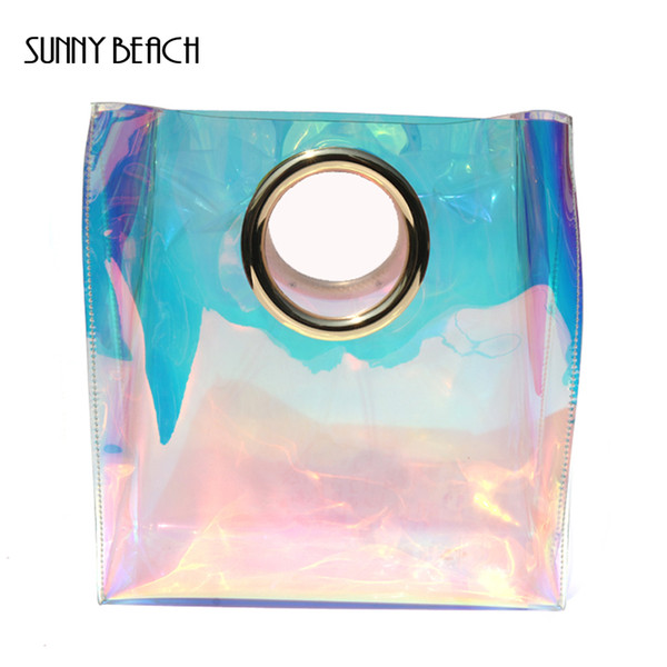 SUNNY BEACH Fashion Transparent Tote Bag Women Handbag Round Circle Wristlets Handbag Beach Bags Hologram Laser Tote Bags