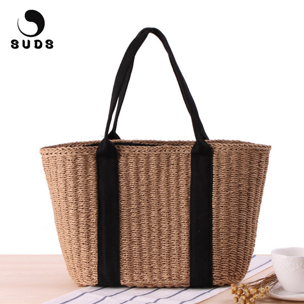 SUDS Brand Summer Women Straw Beach Bags Handmade Woven High Quality Female String Shoulder Bags Women Large Capacity Tote Bags