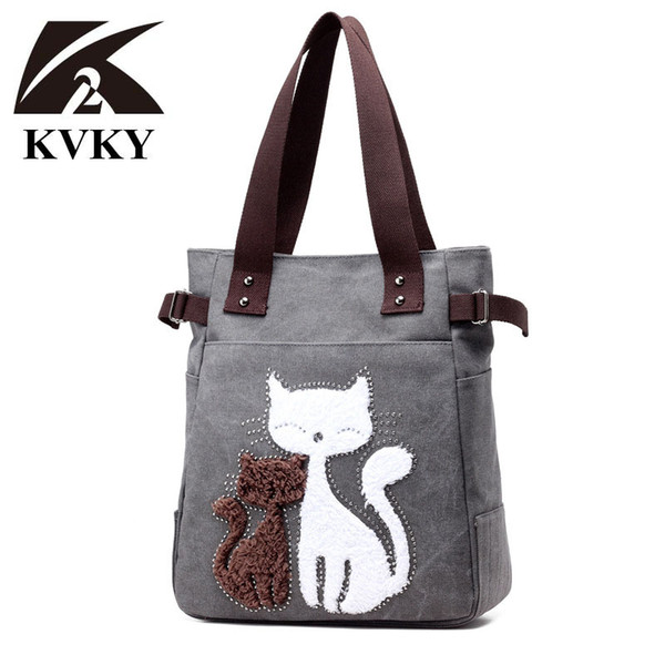 KVKY Women Canvas Bag Handbag Famous Brand Shoulder Bags Femal Canvas Bags with Cute Plush Cat Appliques Beach Bag Sac A Main