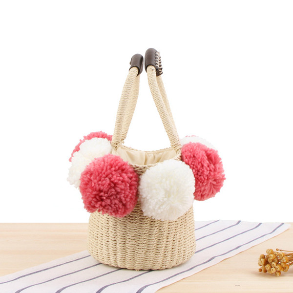 2018 Black White Ball Decoration Straw Bag Women Summer Beach Bag Dishes Bucket Travel Picnic Ladies Handbag Rattan Bags W500