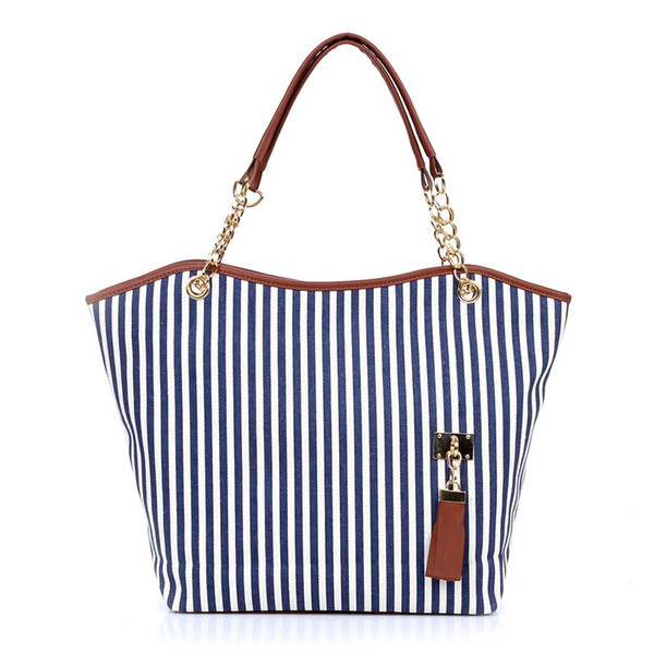 2018 Spring New Fashion Tassel Canvas Bag Vertical Striped Iron Chain Shoulder Bag Large Capacity Women Canvas Beach Bags