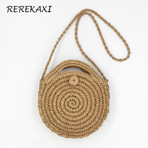 REREKAXI Handmade Rattan Woven Round Lady's Handbag Straw Knit Summer Beach Bag Woman Shoulder Messenger Bag Khaki Beige Tote