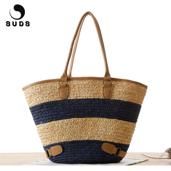 SUDS Brand Summer Women Large Capacity Beach Bag Handmade Woven Female Straw Striped Tote Bag Women Casual Knitting Shoulder Bag