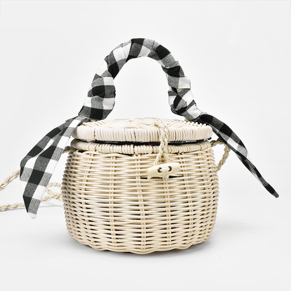 New rattan bag handbag lattice silk scarf portable straw bag cylinder small jar beach bag