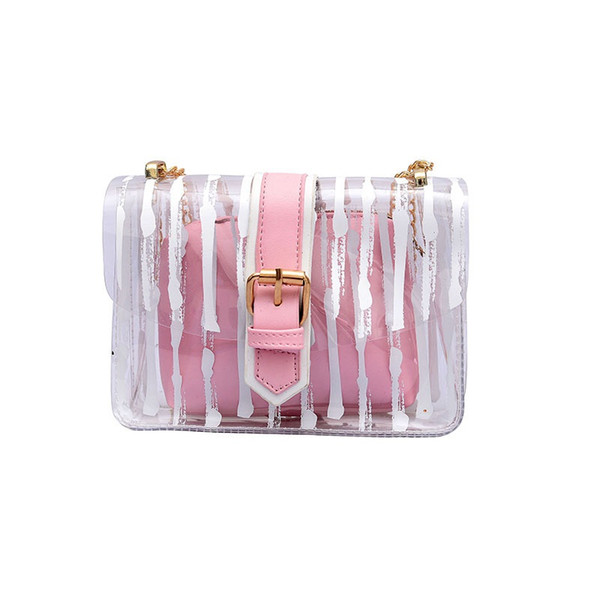 Laamei New Fashion Women Striped Transparent PVC Handbag Messenger Crossbody Bag Chains Jelly 2019 Summer Beach Bag Candy Color