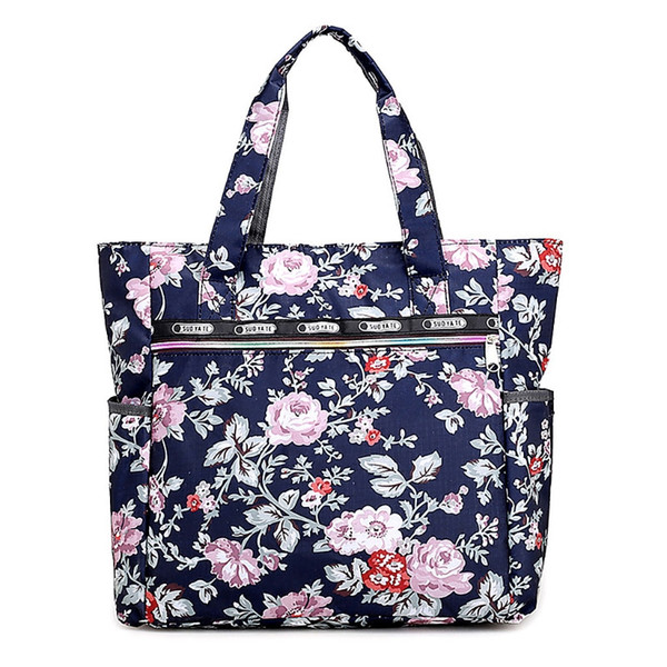 Women Print Flower Nylon Tote Shopper Handbag Big Capacity Shoulder Bag Zipper Beach Bags