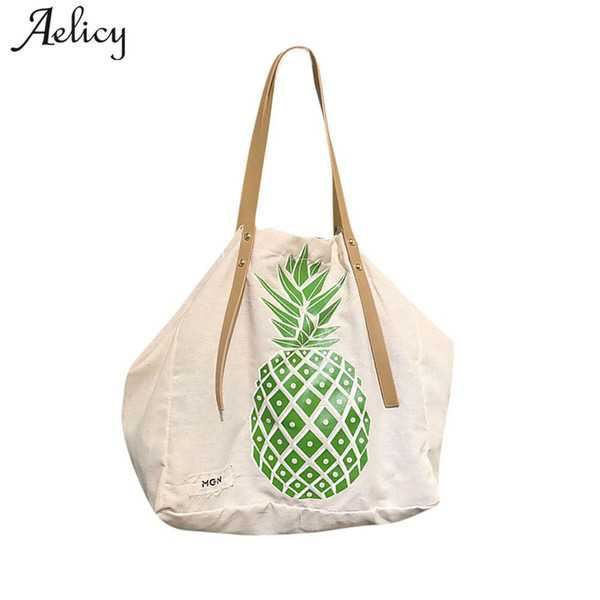 Aelicy Women Canvas Handbag Pineapple Printed Shoulder bag Female Large Capacity Ladies Beach Bag Women Canvas Shopping Handbags