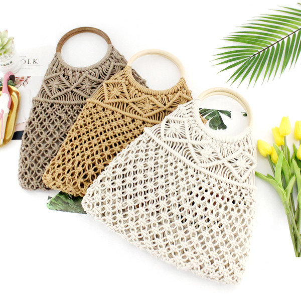 New type of cotton rope hollow net pocket handbag straw knitting bag small fresh knitting lady bag beach bag without lining