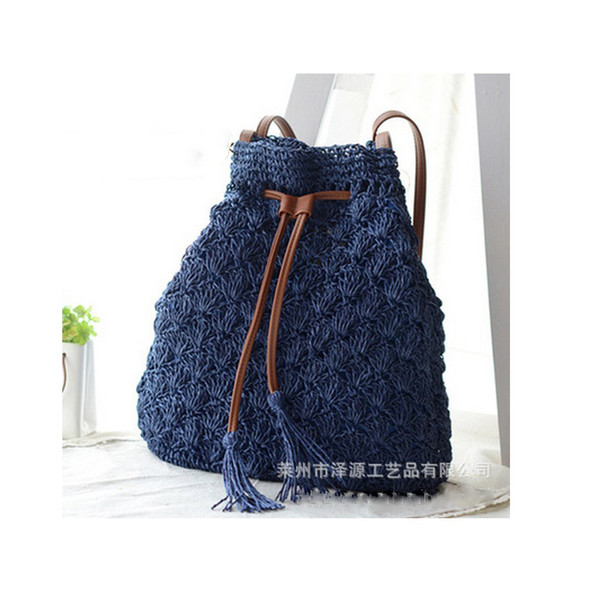 Fashion Women Hollow Out Grass Bucket Bag Madam Woven Straw Drawstring Bag Weave Beach Bag Tassel Crossbody Bags Purse Pouch