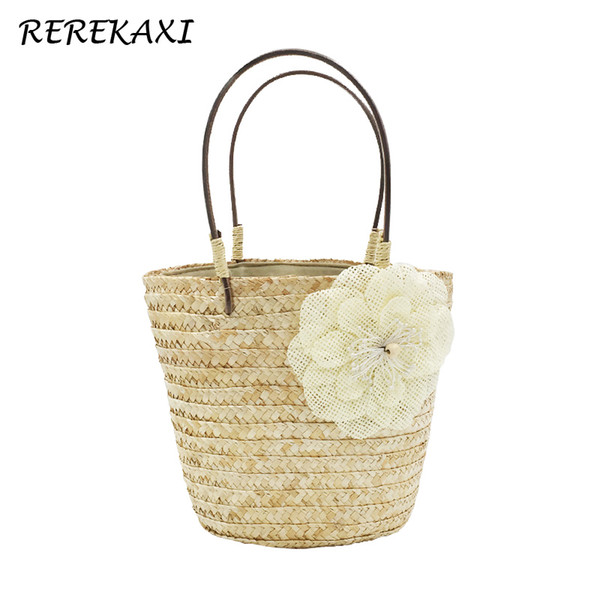 REREKAXI Summer Bohemian Straw Bag Wheat Pole Weave Woman's Handbag Fashion Flower Shoulder Bag Lady's Beach Bags Travel Totes