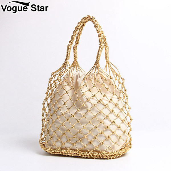 female Reticulate handbag netted beach bag Gold, silver 2color bright paper ropes hollow woven bag cotton lining straw bag M132