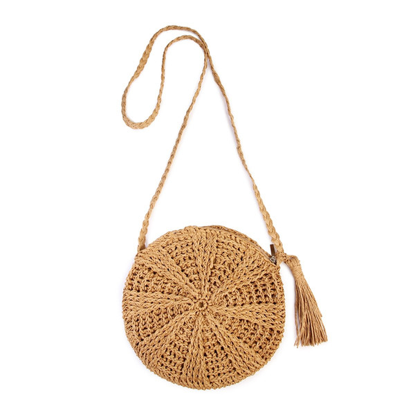 Rattan Crochet Straw Woven Basket Bali Handbag Round Circle Crossbody Shopper Beach Tote Bag(Light Brown)