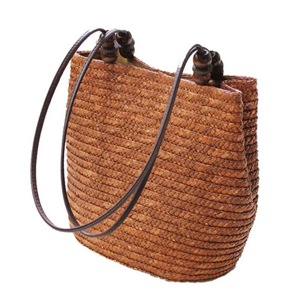 DCOS-Knitted Straw Bag Summer Bohemia Fashion Women Handbags Stripes Shoulder Bags Beach Bag Big Tote Bags(Brown)