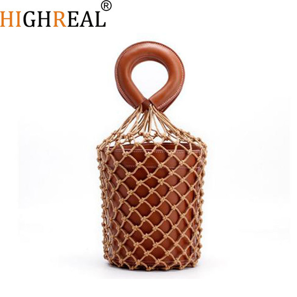 Korean Japanese Hollow Net Bucket Bag Chic High Quality Women Barrel Basket Tote Bag Lady Vintage Handbag Summer Sea Beach bag