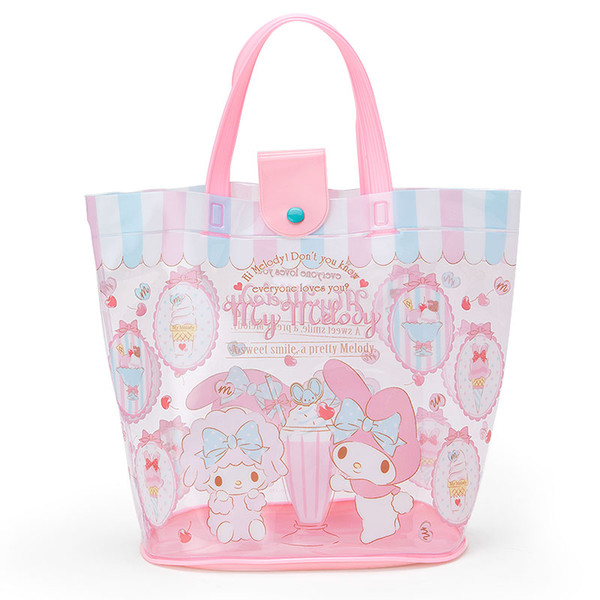 Cute Cartoon Pink Little Twin Stars Transparent PVC Plastic Waterproof Top Handles Handbag Large Tote Bags Women Beach Bag