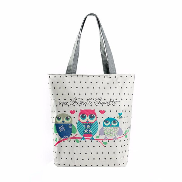 Women Top-handle Owl Printed Canvas Tote Casual Beach Bags Handbags Zipper Shopping Travel Bag Wholesale #T