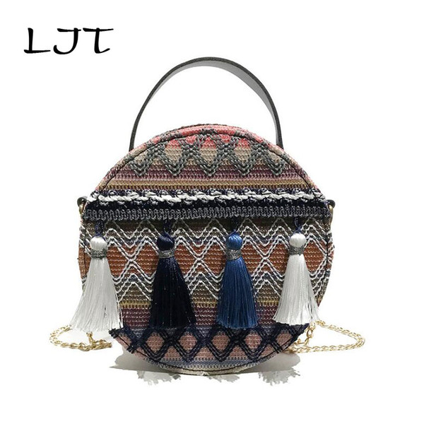 LJT Hand-woven Round Woman's Shoulder Bag Handbag Bohemian Summer Straw Beach Bag Tassel Chain Shoulder Travel Bag Bolsos Mujor