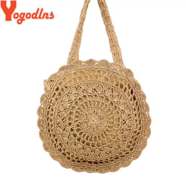 Yogodlns Soft Straw Knitting Circular Beach Bag for Women Handmade Sun Flower Shoulder Bag Bohemia Style Handbags Casual Bags