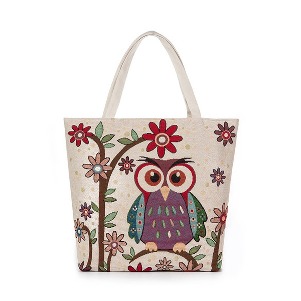 2019 Beach Bag Women Zipper Shoulder Bag Female Shopping Item Organizer Girl Embroidery Tote Bag Bolsas Owl Pattern Linen