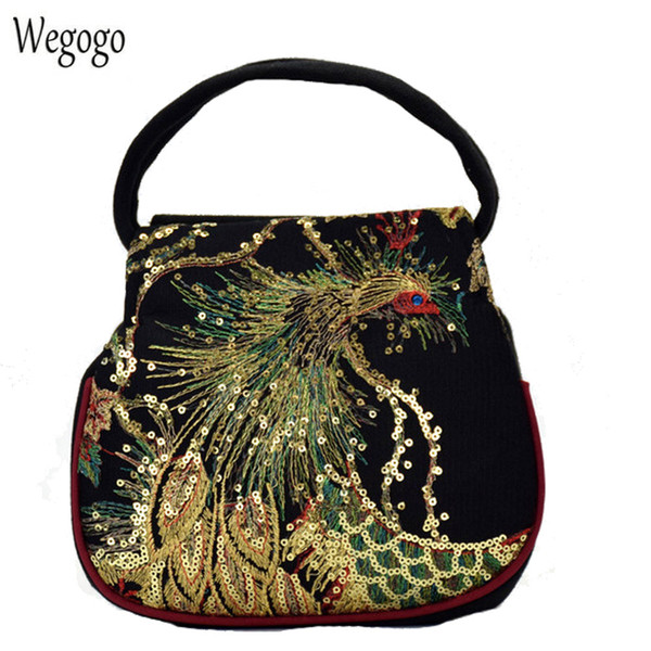 New Women Totes Embroidery Handbag Peacock Embroidered Bags Double Zipper Black Travel Beach Bag Woman Small Phone Coins Bag