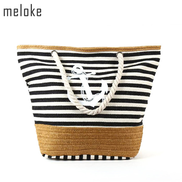 Meloke 2019 Beach Bag Canvas Straw Beach Bag Stripe Printed Canvas Handbag Rope Handle Strap Shoulder Bag Big Tote MN531