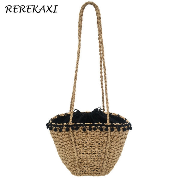 Handmade Bohemian Straw Beach Bag For Women,Woven Female Shoulder Bags Summer Knit Handbag Drawstring Basket Messenger Bag Tote