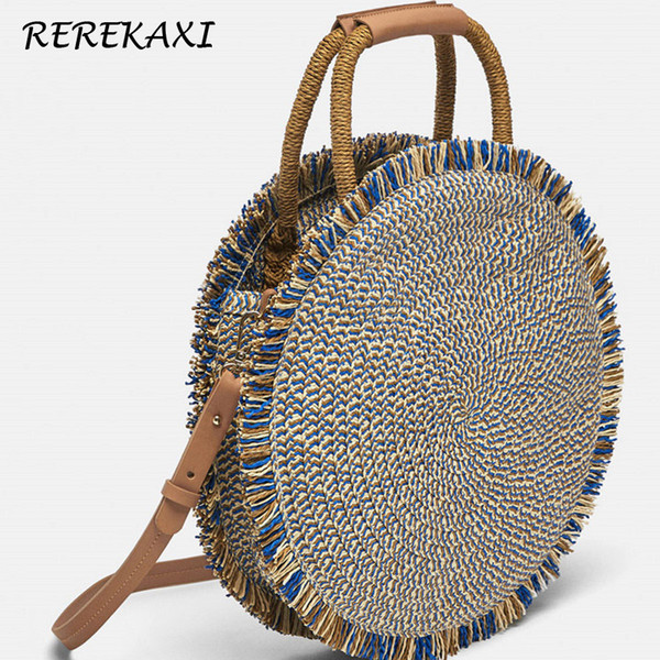 REREKAXI Fashion Women Handbag Round Handmade Shoulder Bag Weave Summer Beach Bags Bohemian Straw Bag Female Messenger Bags Tote