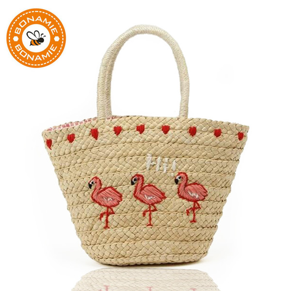 BONAMIE New Straw Handmade Embroidery Women's HandBag Large Straw Shoulder Bag Fashion Flamingo Beach Bags Big Tote Woven Bag