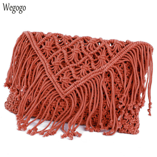 Women Messenger Bag Handmade Crochet Braid Fringed Tassel Cross Knitted Handbag Beach Bag Bohemian Travel Shoulder Messenger Bag