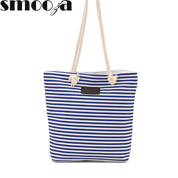 SMOOZA 2018 New Large Female Handbags Cotton Canvas Summer Beach bag Ladies Shoulder Bags Women Tote Bags Striped Shoulde bag