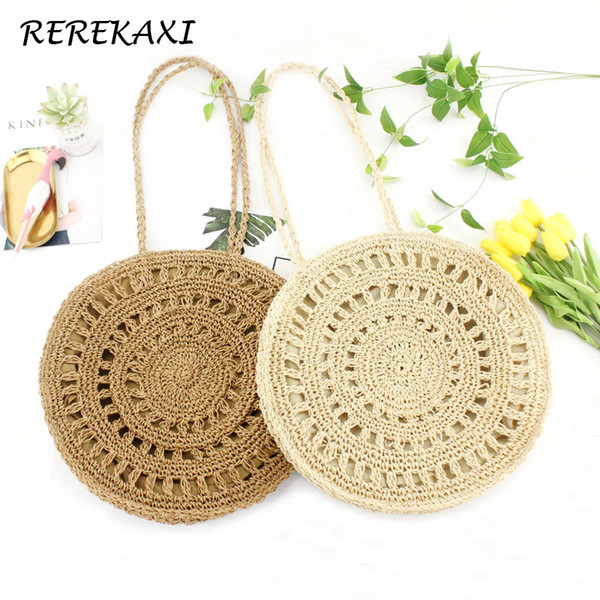 REREKAXI Round Handmade Women's Handbag Bohemia Circular Straw Bag Casual Female Shoulder Bags Summer Hollow Out Beach Bag