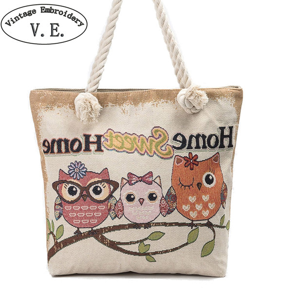 Owl Printed Women Shoulder Bag Casual Canvas Beach Bag Female Big Capacity Totes Lady Girl Handbag Casual Travel Shopping Bags