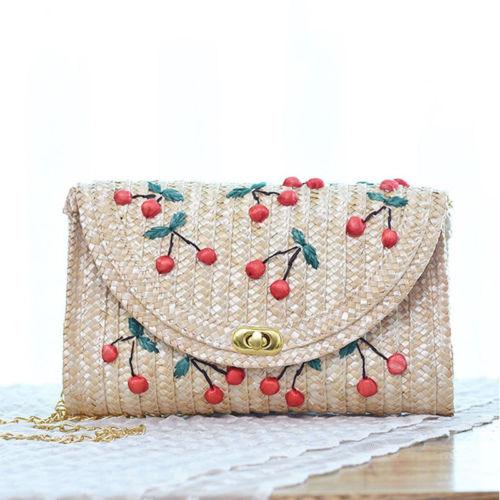 2018 Fruit Cherry Straw Beach Bag Women Messenger Bag Embroidery New Design