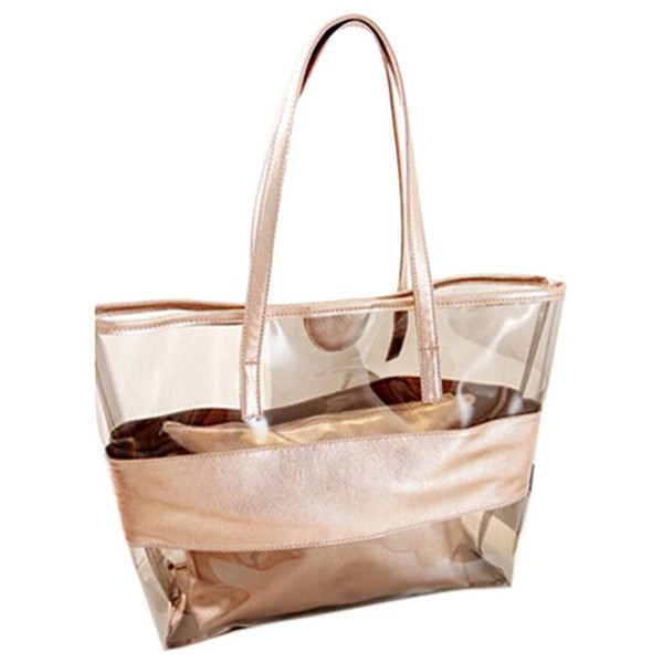 Waterproof Half Transparent Hand Bag, PVC Beach Bag and Polyester with Small Bag (champagne color)