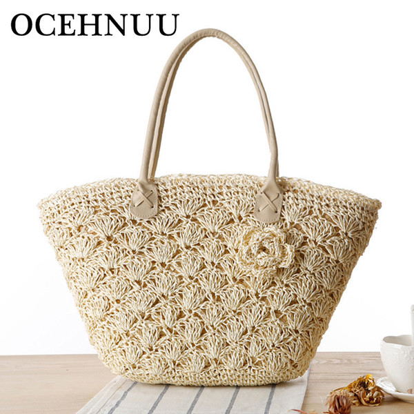 OCEHNUU 2018 Summer Beach Bag Straw Large Zipper Woven Straw Handbags Casual Big Shoulder Bag Women Flowers Ladies Tote Bag