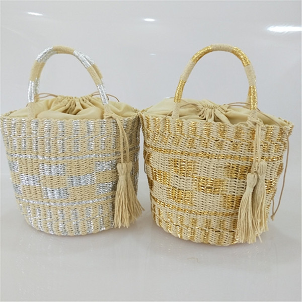 Wholesale 2018 new gold and silver bucket woven green grass bag fashion simple handbag hand-woven straw beach bag