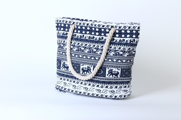 Fashion Casual Lady Spring Summer Elephant Pattern Print Blue Stripe Large Capacity Canvas Shoulder Bag Shopping Bag Beach Bag Simple Handba