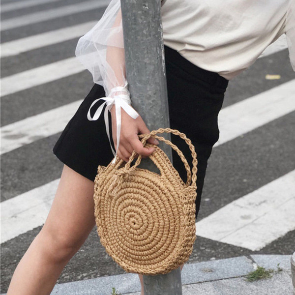 2019 New Round Women Lady Handmade Knitted Woven Rattan Bags Straw Messenger Beach Bag Basket Gift