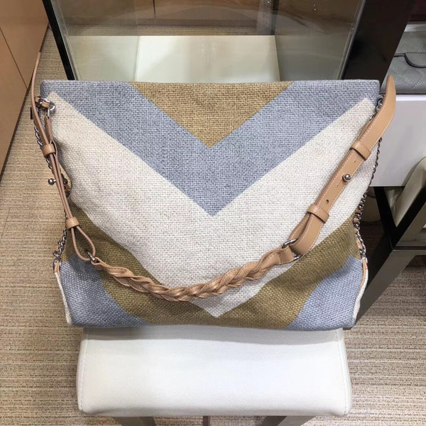 2018 new summer and autumn canvas women handbag genuine leather weave handle beach bag top quality lady fashion chain shoulder bag EMS free