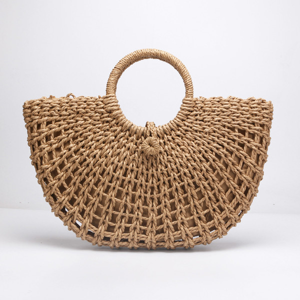 Round moon shaped Straw Totes Bag Hand Woven Beach travel party Bag Large Bucket Summer Bags Women Natural Handbag