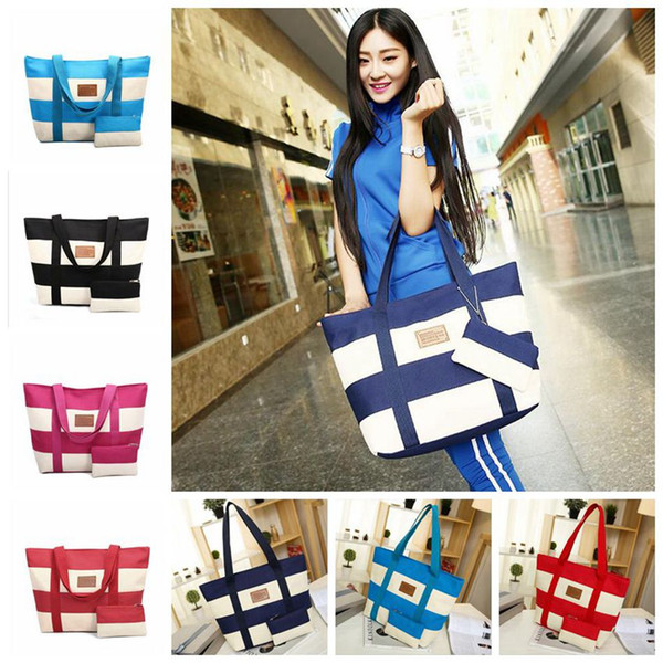 Women Canvas Striped Shoulder Bag Beach Shopping Handbag Tote Diaper Bags Mommy Bags 5 Colors LJJO3183