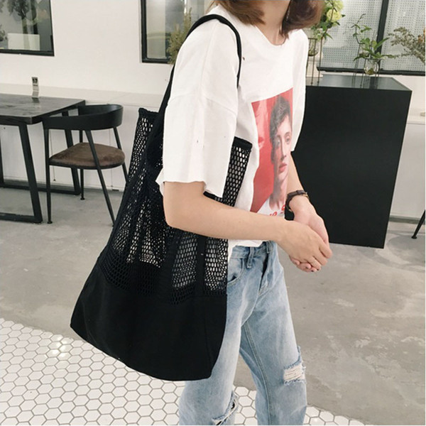 Mesh Hollow Beach Bag Women Canvas Summer Beach Shoulder Bag Portable Tote Shopping Bag A Main Femme