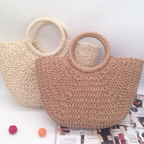 Hand Woven Beach Bag Round moon shaped Straw Totes Bag Large Bucket Summer Bags Women Natural Handbag High Quality INS Popular c0012