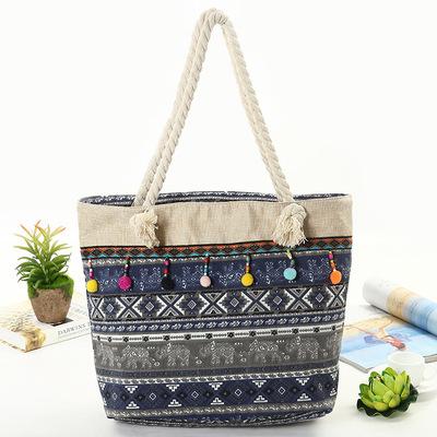 New popular ethnic wind canvas print shoulder bag shopping tassel rope bag beach bag