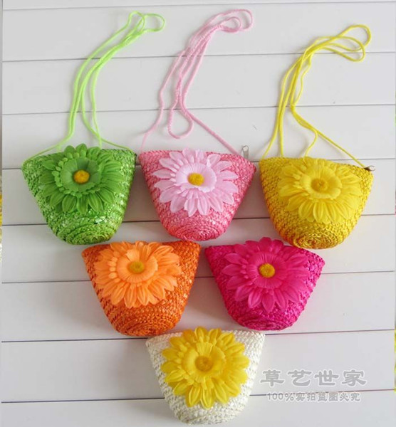 Fashion Cute Wheat Straw Mini Bags With Zipper Crochet Knitting Nature Plant Beach Bags Candy Colors Handbags Women Children Gift F078